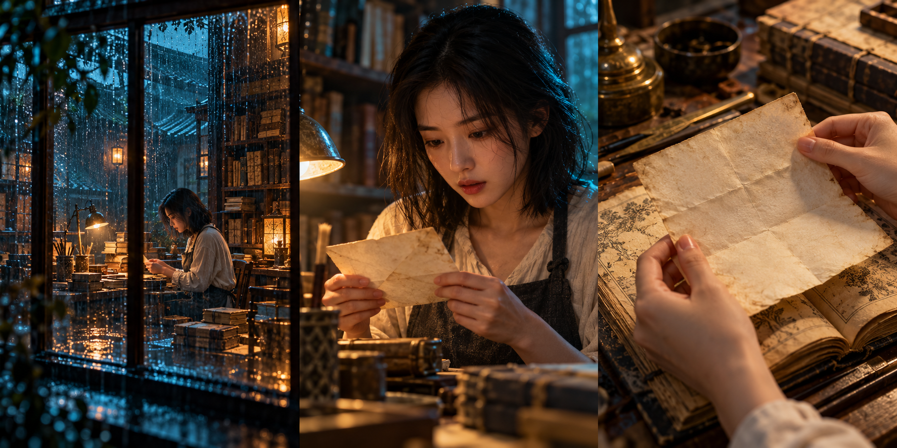 Illustrative story frames: a rainy bookshop, a book restorer and an old letter